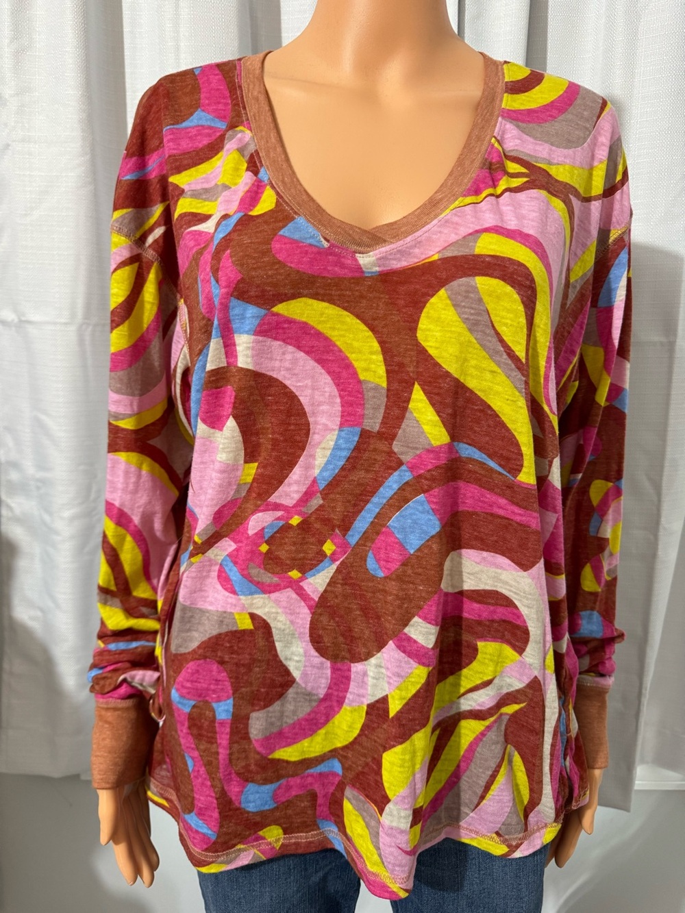 Cool Free People Movement size M multi color print v-neck long sleeve shirt